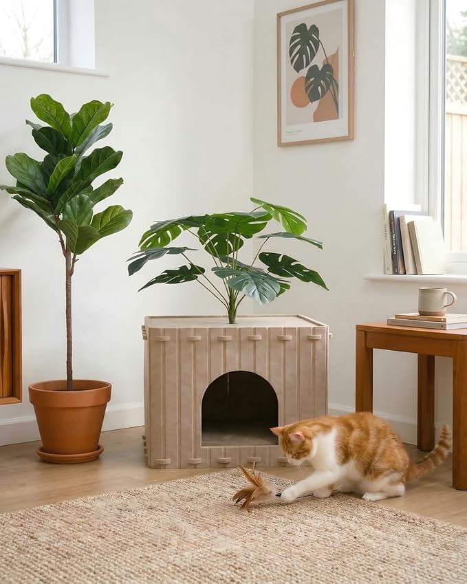 Cat Houses for Indoor Cats with Decorative Plants, Hidden Indoor Cat Bed Cave, Cozy Felt Design, Strong Scratch-Resistant Capacity, Hideaway Cat Condo, Ideal for Home Decor, Dark Camel