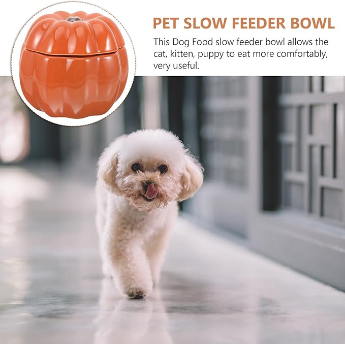 Ceramic Elevated Cat Bowl and Small Dog Food Feeder, Pumpkin Orange Dual Pet Bowls for Feeding and Watering, Neck Protection Design for Puppies and Cats, Portable Travel Pet Dish