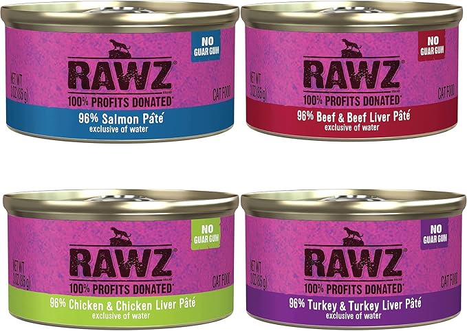 Rawz Natural Premium Pate Canned Cat Wet Food -12 Pack Cans Variety Pack -4 Flavors - (Salmon, Chicken, Turkey, Beef) - (3oz Can Lid)