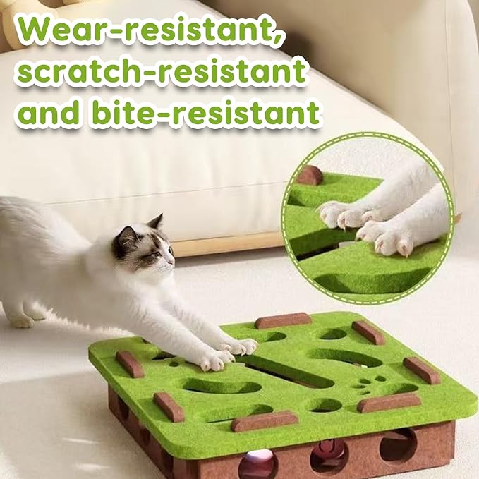 Interactive Cat Toy Puzzle, 15.75 Inch Puzzle Maze Indoor Cat Toys, Felt Cat Feeder with Bell Stimulates Natural Hunting Instincts, Cat Scratch Box Interactive Cat Toys for Indoor Cats