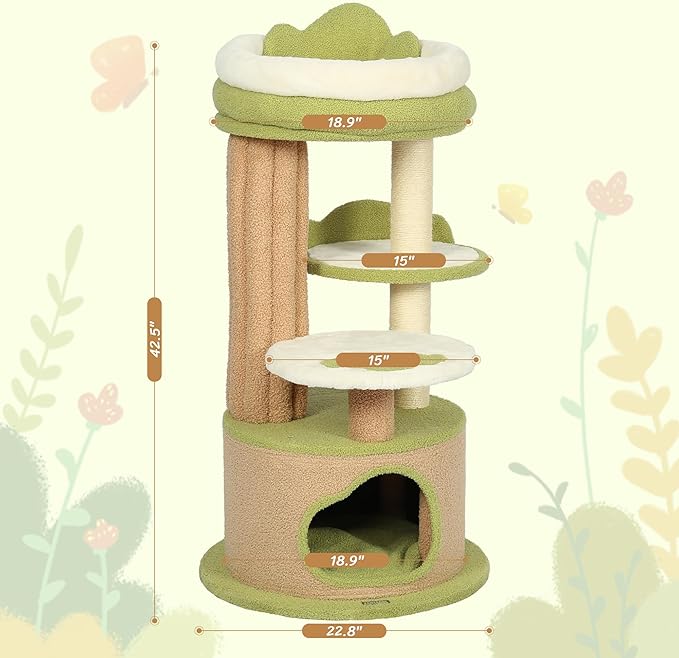 KAMABOKO 42.5" Cute Cat Tree, Green Cat Tree for Indoor Cats, Aesthetic Cat Tower with Teddy Fleece, Cats Condo, Unique Cat Furniture for Small Space - Perfect for Your Feline Pal