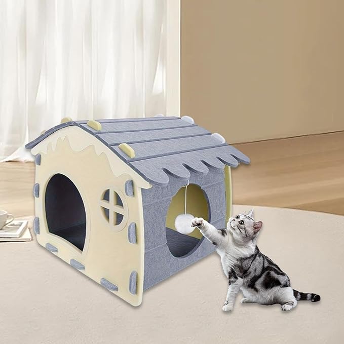 Felt Cat House Sleeping Bed Cozy Hideaway for Small Large Cats Bunny Scratch Resistant Pet Furniture- Grey