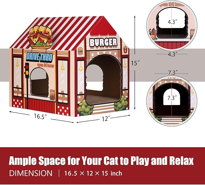SEKAM Cardboard Cat House with Scratcher/Catnip, (16.5''x12''x15'') Burger Shop for Indoor/Outdoor Cats, Cat Play House&Home Decor, Cat Scratch Toy, Hideout for Bunny&Small Animals