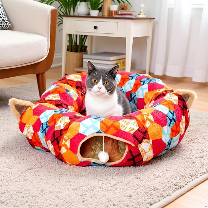 AUOON Cat Tunnel Bed for Indoor Cats - Large Cat Donut Tunnel with Hanging Ball Toy, Collapsible 2-in-1 Multifunctional Interactive Cat Toy for Kitten, Puppy, Rabbit, Ferret (Orange)