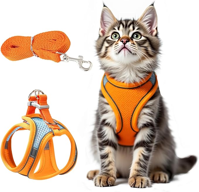 Cat Harness and Leash Set - Adjustable Soft Vest, Reflective Step-in Design for Safe Walking (XXS, Orange/Blue)