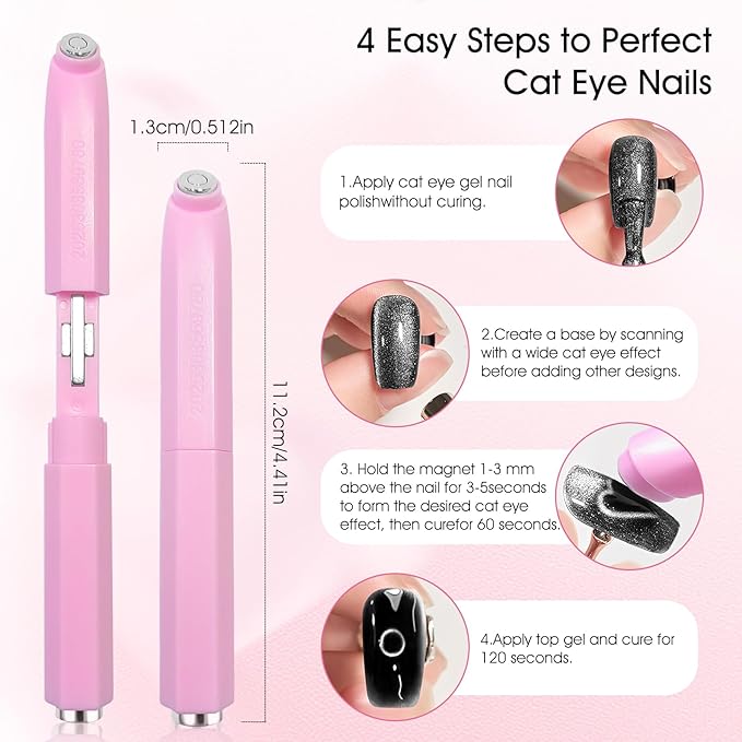 3 in 1 Cat Eye Magnet for Nails, Strong Magnetic Nail Art Tool for Cat Eye Gel Polish, Multi-Effect Cat Eye Magnet Stick for Ring, Line & 3D Cat Eye Designs, Salon & Home DIY (NAT291-Pink)