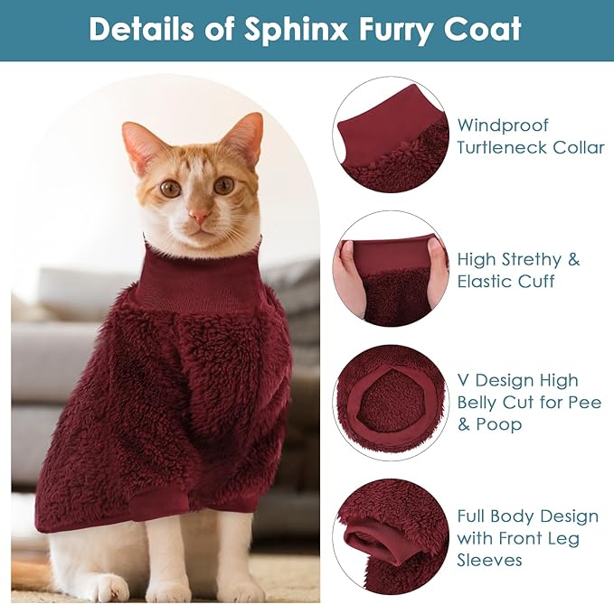 Sphynx Cat Sweater, Hairless Cats Turtleneck Pullover Kitten Sweaters for Cats Only, Warm and Soft Cat Pajamas Shirt with Sleeves Pet Winter Clothes Fleece Jumpsuit for Puppy, Burgundy S