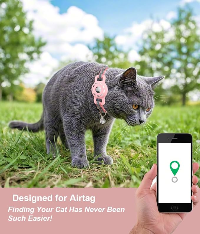 Reflective Cat Collar with Airtag Holder Breakaway Safety Airtag Kitten Collars with Bell for Female Girl Cats,Pink
