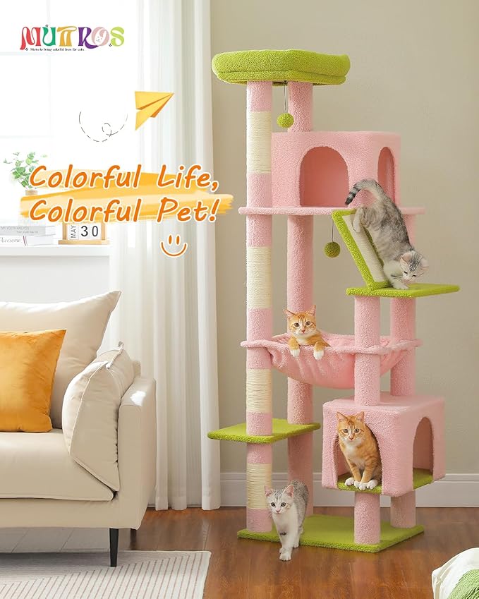 MUTTROS Pink 71" Tall Cat Tree for Large Cat 20 lbs with Super Large Hammock, Heavy Duty Cat Tower with 4 Sisal Scratching Posts & 2 Spacious Condos for Big Adult Cats Maine Coon -Green