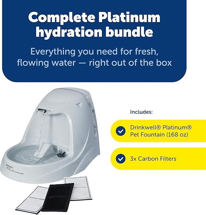 PetSafe Drinkwell Platinum Cat Water Fountain - Pet Fountain for All Pet Sizes, Encourages More Drinking, Includes Extra 3-Pack Replacement Carbon Filters, Indoor Use, Grey (168 oz/5L)