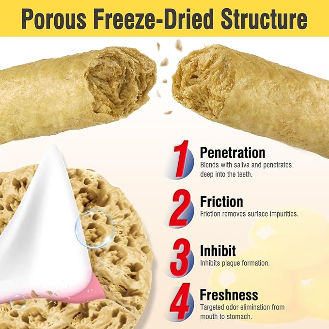 150g Freezed Dried Cat Chew Stick Egg Yolk Flavor, Cat Dental Treats for Freshens Breath and Reduce Tartar, Feline Teething Sticks Cats Treats Snack