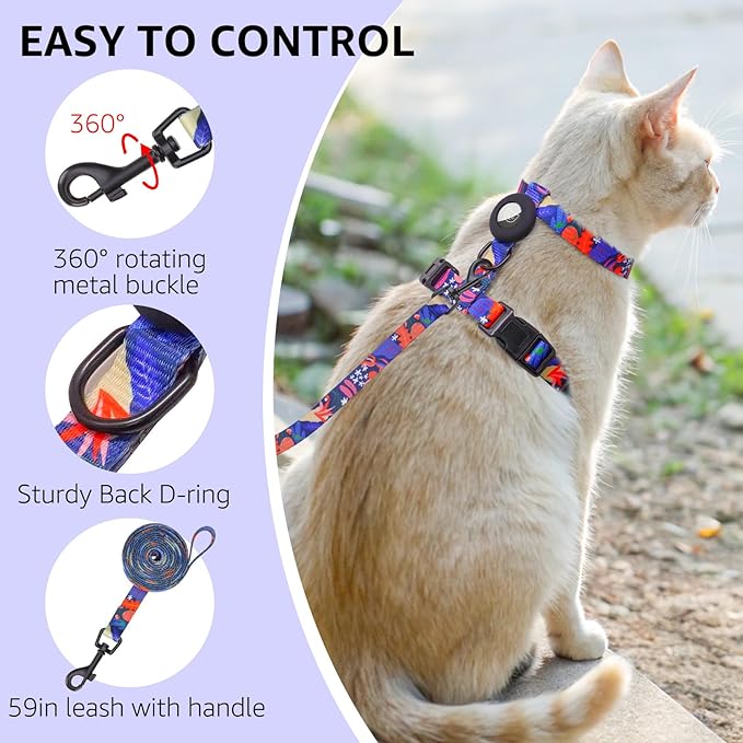 SCENEREAL Adjustable Cat Harness and Leash Set with AirTag Holder, Escape-Proof Design for Small to Large Cats, Lightweight Soft Travel Harness, Navy Blue