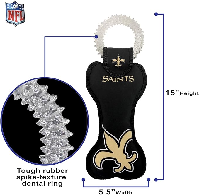 Pets First NFL New Orleans Saints Dental Dog TUG Toy with Squeaker. Tough PET Toy for Healthy Fun, Teething & Cleaning Pet's Teeth & Gum.
