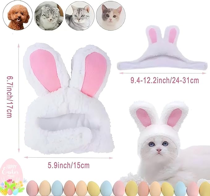 Rabbit Ears Hat for Cats & Small Dogs - Adjustable Plush Bunny Costume Headband for Easter, Halloween & Pet Party Dress Up (White)