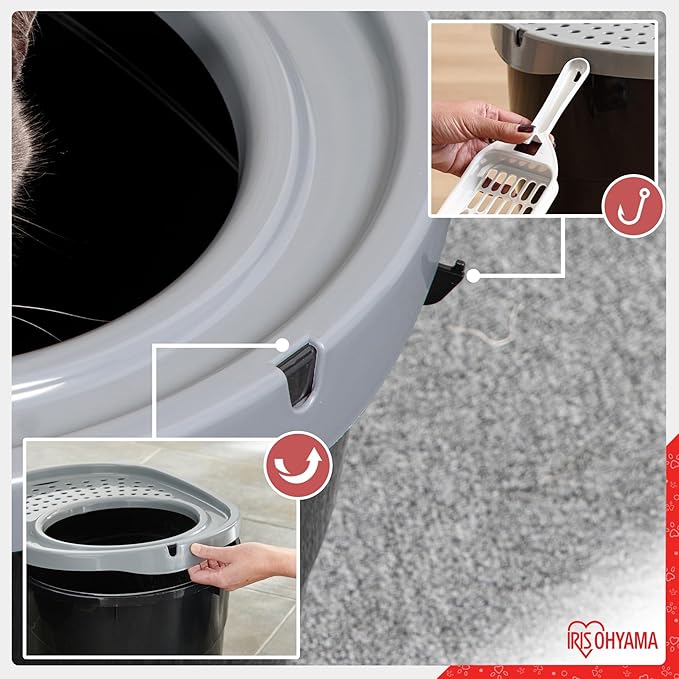 Iris Ohyama Cat Litter Box with Scoop, Up to 7kg, Black/Gray, Top Entry, Cat Litter Tray, Enclosed, for Kitten, High Sided, Hooded, Large, Jumbo, BPA Free, Deep, Easy to Clean, TECL-20