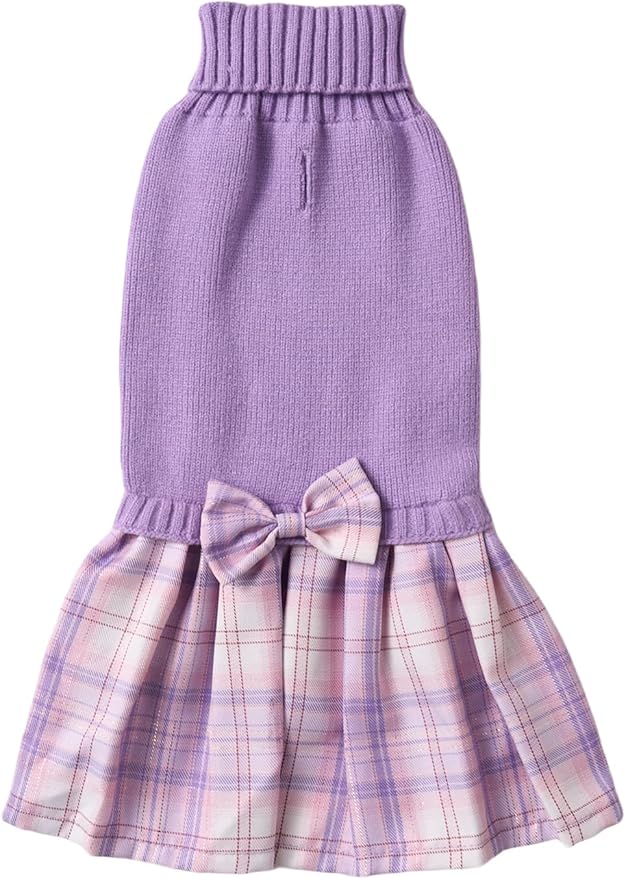 Purple Knitted Dog Sweater Dress, Pink Plaid Dog Winter Clothes Dresses for Dogs Girl, Dachshund Doggy Pet Apparel, Large (L)