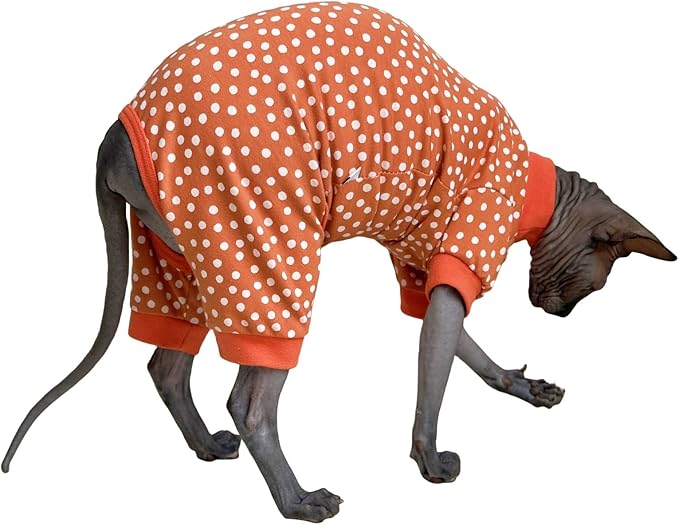 Sphynx Cat Four Leg Cotton Pajamas Elastic Pet Clothes for Hairless Cats Surgery Recovery Suit Undershirt Thermal Clothes for Sphynx, Devon, Cornish (White Dots, M)