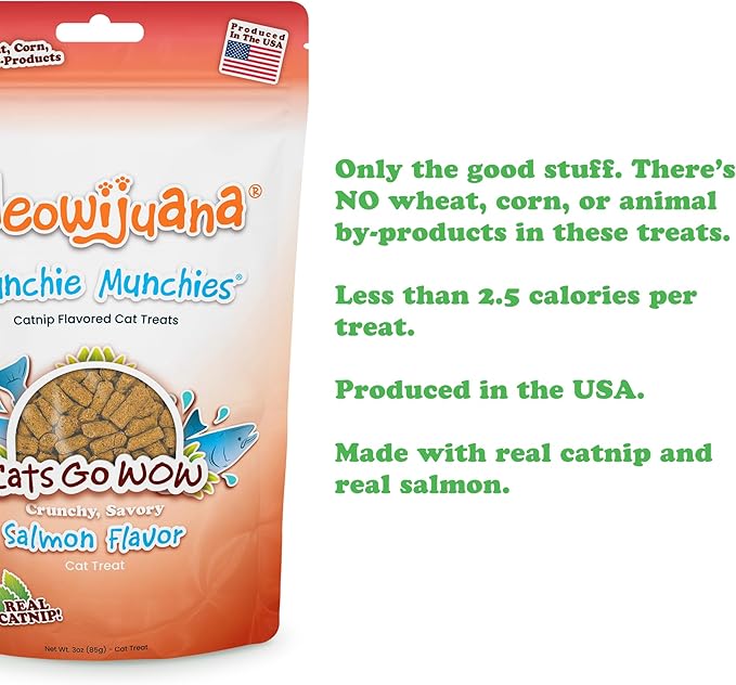 Meowijuana Crunchie Munchie Catnip Treats | Salmon Trio | Made with Organic Catnip | Produced in The USA | Low Calorie Cat Snack