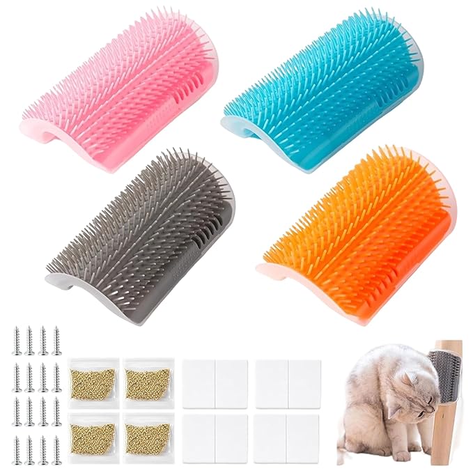 4 Pcs Cat Corner Brush, and Cat Self Grooming Brush with Mint, Corner for Cats to Scratch and Groom, Pet Wall Mounted for Stress Relief and Fur Care
