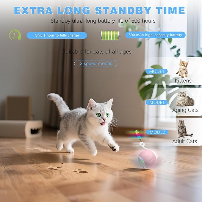 2.36 Inches Large Cat Toys Ball - Won’t Get Stuck, [Newly Upgraded] Sound & Motion-Activated, 2 Speed Fast/Slow Settings Automatic Interactive Cat Toy for Indoor Cats with 5 Tails Rechargeable - Pink