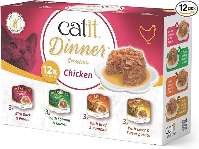 Catit Dinner Chicken Multipack Wet Cat Food, 12 Pack – High Protein, Grain Free, with Taurine, Vitamins & Vegetables and Pumpkin