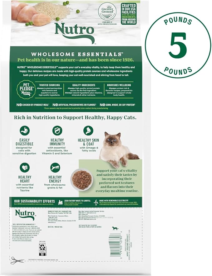 Nutro Wholesome Essentials Natural Dry Cat Food Sensitive Stomach, Chicken, Rice & Peas Recipe Cat Kibble, 5 lb. Bag