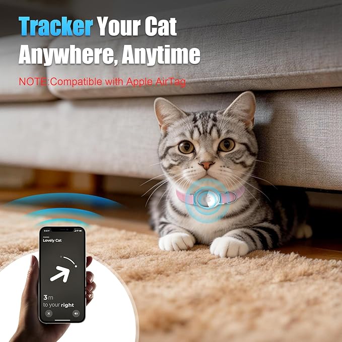 AirTag Cat Collar, Breakaway Air Tag Cat Tracker Collar with Integrated Airtag Holder Compatible with Apple Air Tag, Ultra Elastic & Comfortable Pet Tracking Collars for Cats Kittens (Pink)