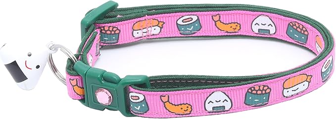 Sushi Cat Collar with Onigiri Bell | Adjustable Large Size or Kitten Collar | Safety Breakaway Collarr (Large(10lbs & Up), Pink)