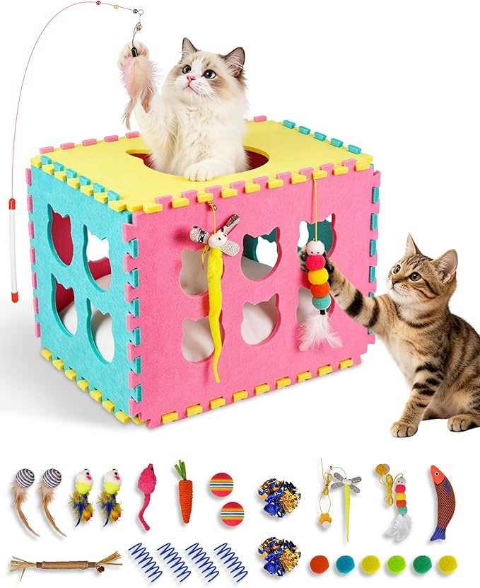 Natheeph Cat Toys for Indoor Cats, Interactive Cat Toy 49pcs Including Cat Wand Toy & Cat Feather Toys Refills, Funny Kitten Toys with Play Tent, Springs, Balls for Bored Indoor Cats Exercise & Chase