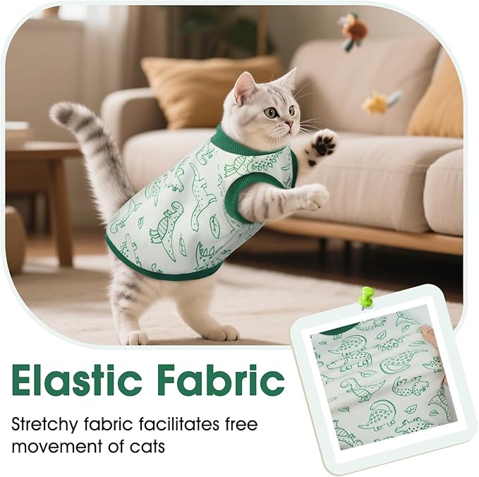 DENTRUN Sleeveless Cat Vest with Dinosaur Print, Breathable Ultra-Soft Dralon Fleece Cat Sweater, All-Season Pet Costume Apparel for Cats, Kitten Clothing for Indoor/Outdoor, Green, XXL