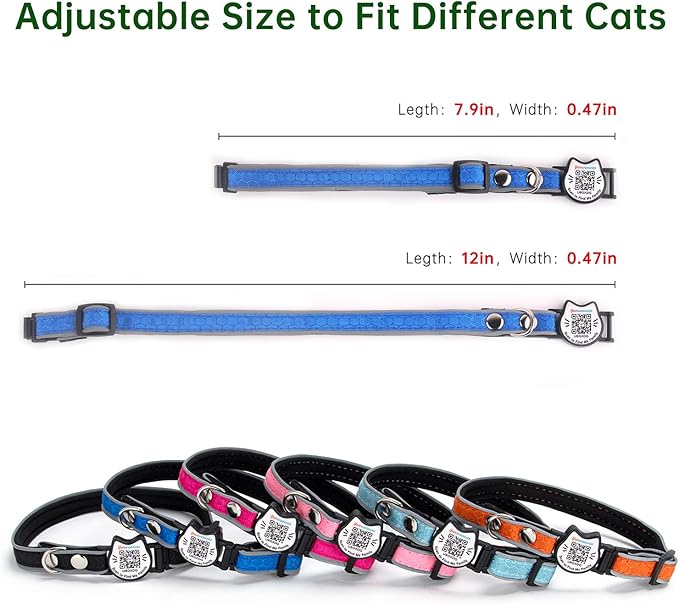 Cat Collar with Bells Reflective Cat Collars Breakaway with Oxford Cloth Soft Padding Adjustable Kitten Collar with QR Code(Blue)