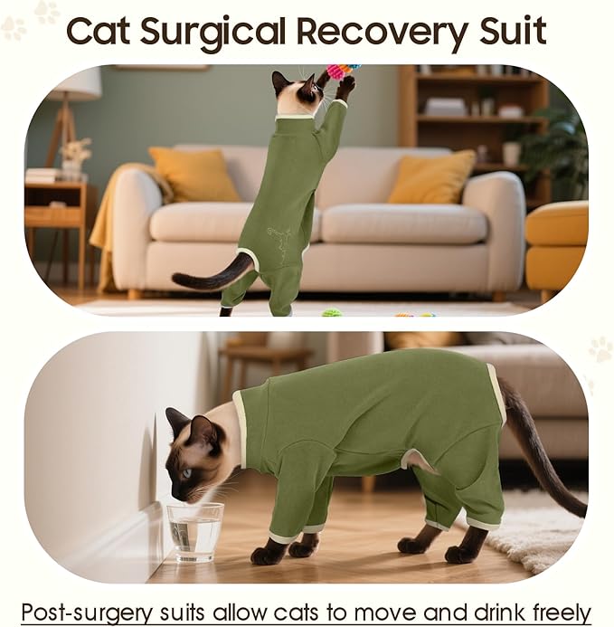 DENTRUN Cat Clothes for Hair Control with Hair Sticky Fabric - Soft Recovery Suit & Breathable Lint-Resistant Cat Sweater for Cats Only, Kitten Onesie Pajamas, M, Army Green