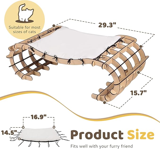 Plush Elevated Cat Bed with Removable Cushion - Solid Wood Arch Frame, Soft Washable Furry Hammock for Indoor Cats, Kittens & Small Dogs - Raised Pet Bed(Cat Furniture, Large/Small Cat Bed)