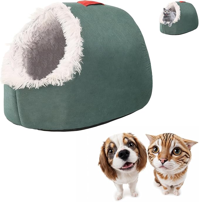Winter Warm Pet Cave Bed, 2026 New Winter Cozy Cat Tent for Indoor, Soft Plush Cozy Indoor Nest with Non-Slip Bottom for Small Medium Dogs, Cats (Green, L, 20 * 16 * 15inches)