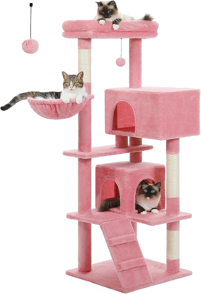 MUTTROS Pink Cat Tree for Large Cats with Super Large Top Perch,56.2" Multi-Level Tower for Indoor Cats with Hammock, Cat Shelves with Scratching Posts and 2 Condos Houses, Pink