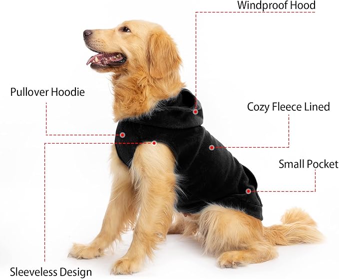 EXPAWLORER Dog Hoodie Fleece Sweater Vest, Hooded Dog Sweatshirt Fall Winter Pet Clothes with Leash Hole, Sleeveless Warm Cozy Puppy Clothing for Cat Small Medium Large Dogs Girl Boy, Black XXL
