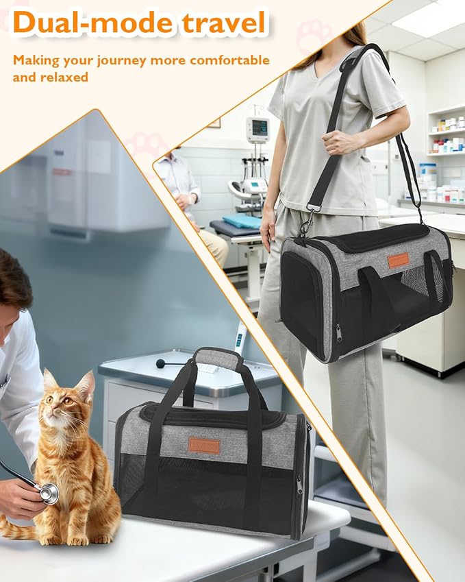 PETUX Airline Approved Pet Carrier - 17x11x9.5 in, Underseat, Top & Side Entry, Soft Sided Cat Carrier for Small Cat Up to 12 lbs with Breathable Anti-Scratch Mesh for Travel & Vet - Grey