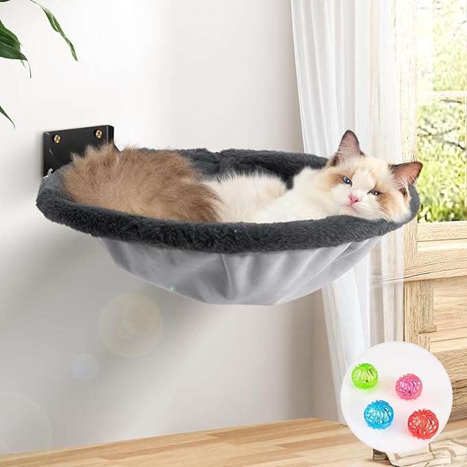 JUNSPOW Cat Hammock Wall Mounted, Foldable & Stable Cat Beds- Breathable Cats Wall Shelves for Sleeping, Playing, Climbing, and Lounging - Maximum Hold Up to 30lb（Gray,Faux Rabbit Fur）