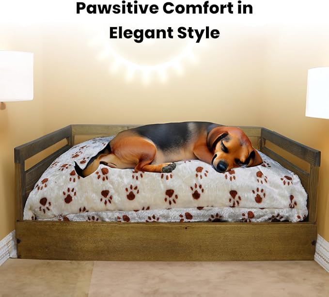 Iconic Pet Sassy Paws Wooden Pet Bed with Paw Printed Comfy Cushion for Dogs & Cats in Varying Sizes & Colors, Small-Rustic Brown