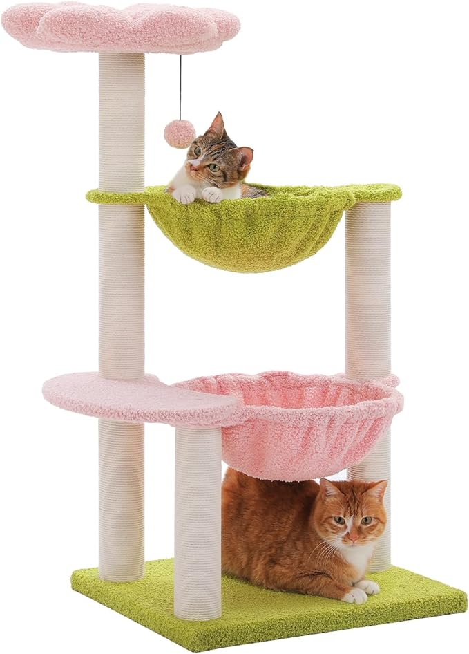 MUTTROS Flower Cat Tree with 2 Large Hammocks, 37.4" Small Cat Tower for Indoor Kitty with 6 Scratching Posts, Cute Cat Tree with Flower Top Perch, Pink