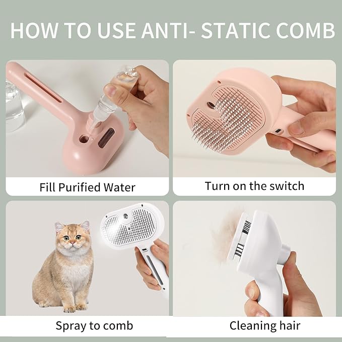 ORIGENCE Steam Brush for Long Haired Pets - Self Cleaning Grooming Tool for Cats and Dogs to Reduce Shedding, Static and Flying Fur, White