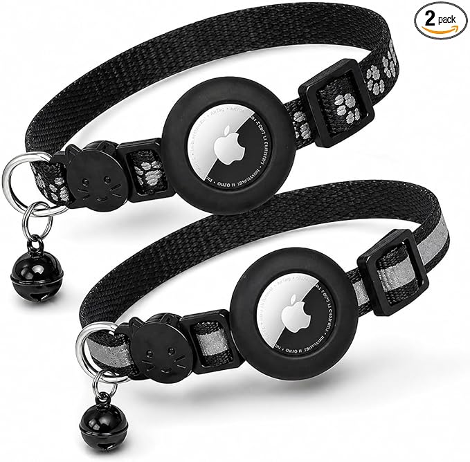 Cat Collar Breakaway 2packs, Reflective Kitten Collar with Apple Air Tag Holder and Bell for Girl Boy Cats, 0.4 Inches in Width and Lightweight (Black)