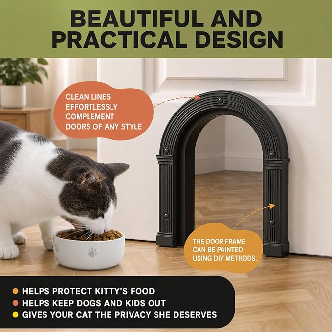 Cat Door for Interior Doors Large Cat Door - No-Flap, No Training Needed, Fits Cats Up to 25 lbs, Easy Installation, Installs in Minutes, Fits 1.25" to 1.75" Thick Solid & Hollow Doors Black