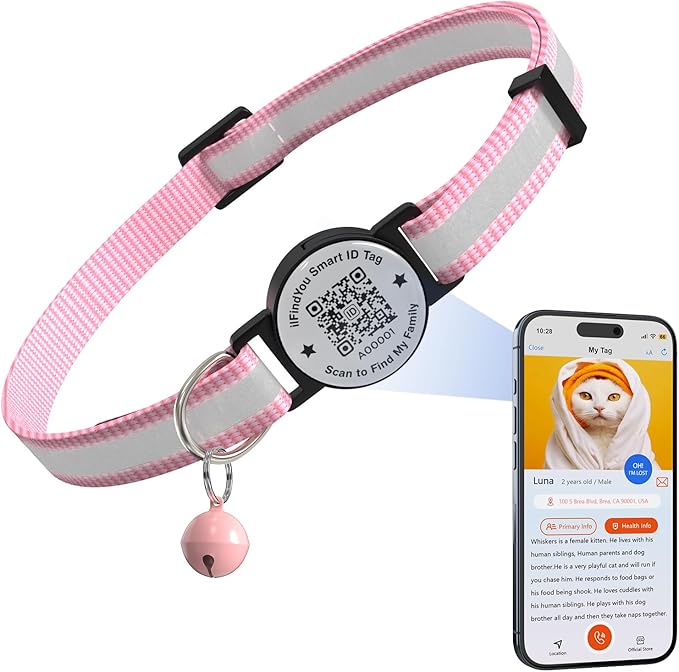 Breakaway Cat Collar with Safety Bell & Reflective Strips | QR Code ID Tag & Name Plate | Adjustable for Kittens Pink