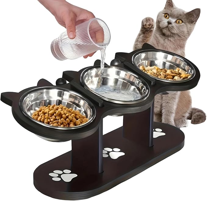 15° Tilt Elevated Stainless Steel Cat Bowl, Wooden Stand Pet Food Water Feeding Dish