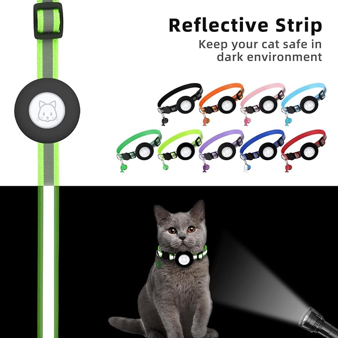 Airtag Cat Collar With Bell and Safety Buckle - 3/8" Width, Reflective, Waterproof Holder Compatible With Apple Airtag for Cat, Dog, Kitten, Puppy (Light Green)