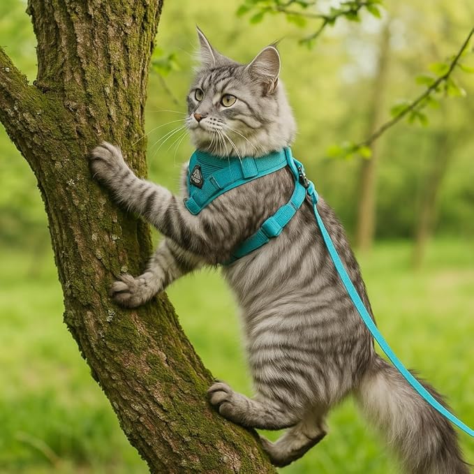 Cat Chest Harness and Leash Set for Walking Escape Proof, Soft Adjustable Vest Harnesses for Cats, Kitten Jacket with Reflective Strip, Easy to Put on with 3 Buckles for Traveling (Blue, S)