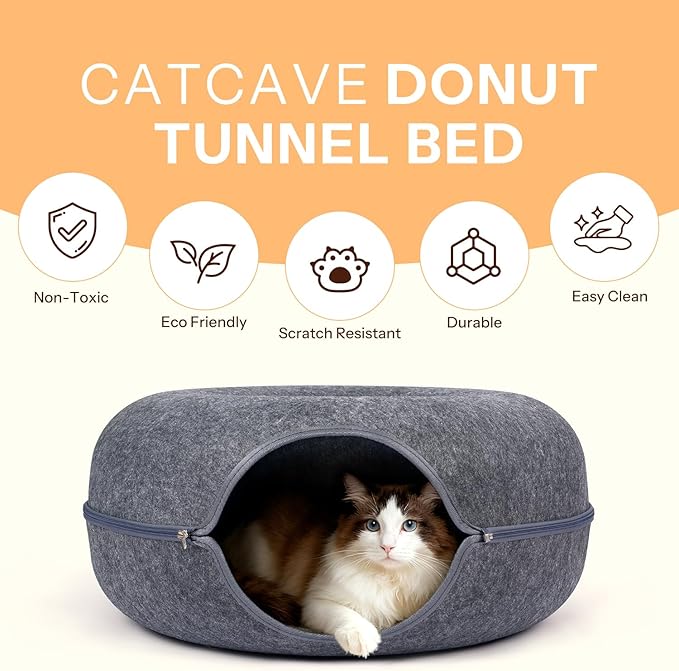 Peekaboo Cat Cave Bed for Indoor Cats, Scratch-Resistant Cat Donut Tunnel for Multiple & Large Cats, Detachable Round Cat Hideaway for Playing, Sleeping and Hiding