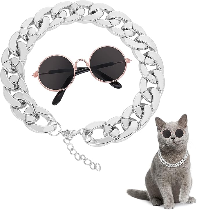 Molain Cat Sunglasses Gold Chain Costume Decorations- Cat UV Protection Classic Retro Puppy Retro Black Sunglasses Faux Silver Adjustable Chain Cosplay Costume Cool Funny Photo Props