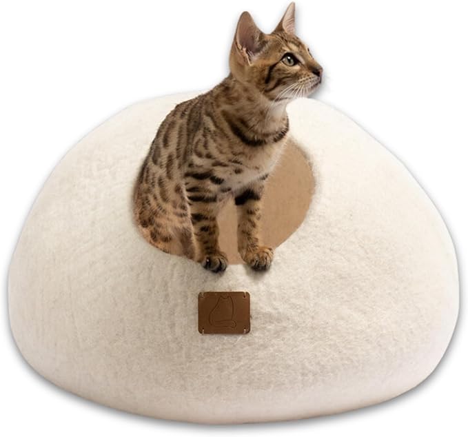 Best Aesthetic Cat Bed - Premium Felted Wool Cat Cave Bed - Cozy Peekaboo Round Cave for Large or Small Cats (Small, Snow White)